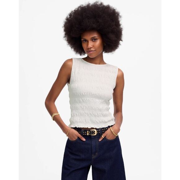 Madewell Smocked Boatneck Tank WMNS M White Slim Fit Ruffle Hem Stretch Pullover - Picture 1 of 8